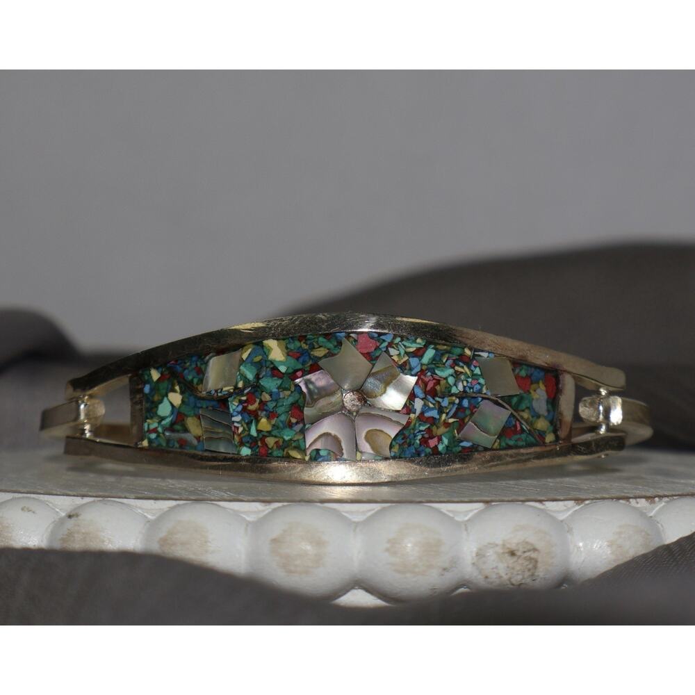 Vintage Mexico Sterling Turquoise/ Abalone Bangle Bracelet 15.2G / 6in